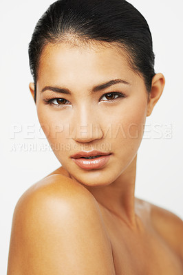 Buy stock photo Natural beauty, woman closeup and portrait with skincare and dermatology with mockup. Isolated, white background and Asian female person with face makeup and skin glow from cosmetics and treatment