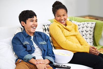 Buy stock photo Happy family, siblings or popcorn for watching television, couch or laughing for funny joke on comedy show. Boy, girl  or teenagers on sofa with cable network, relax or snack for subscription in home