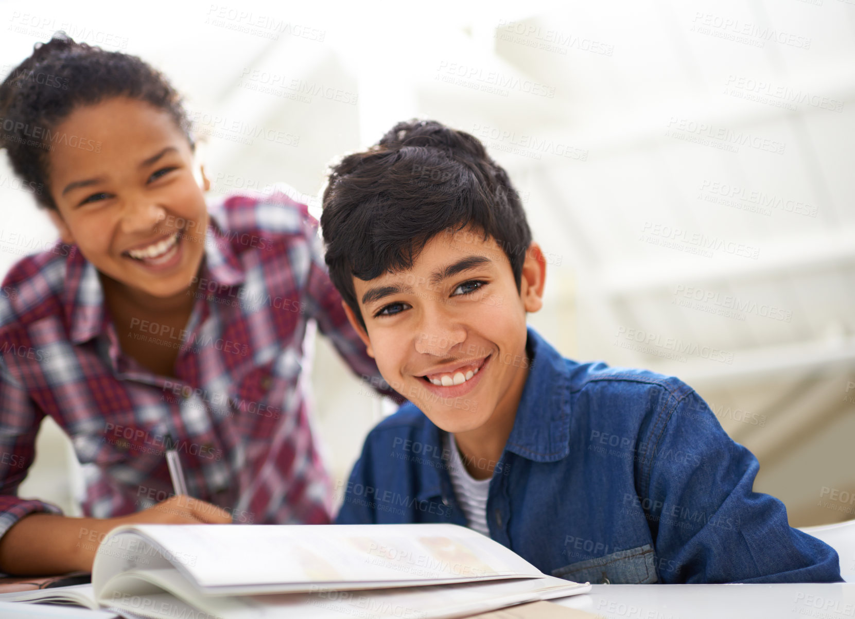 Buy stock photo Children, girl and boy in portrait with homework, books and smile for studying, education and together. Kids, brother and sister with learning, textbook and happy with development in family house