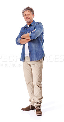Buy stock photo Portrait, confidence and mature man in studio isolated on a white background mockup space. Arms crossed, fashion or person in casual clothes, jacket or trendy style for pride on backdrop in Australia