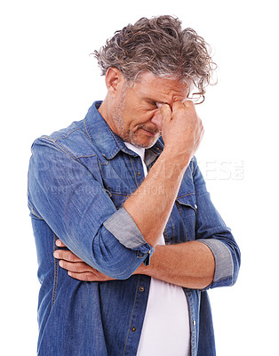 Buy stock photo A studio shot of a stressed mature man isolated on white