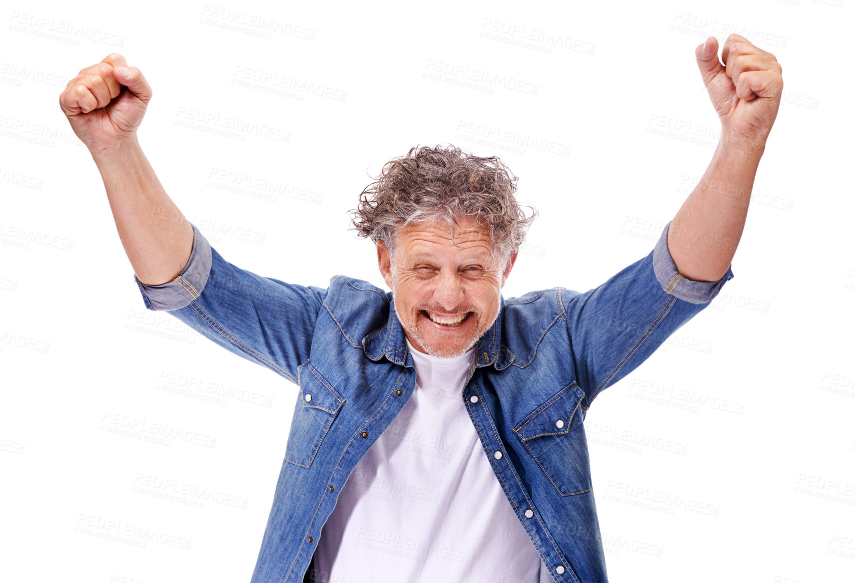 Buy stock photo Senior man, portrait and excited for winning with arms raised, cheers and happiness on white background. Fist pump, success and celebration in studio, achievement or opportunity with bonus and reward