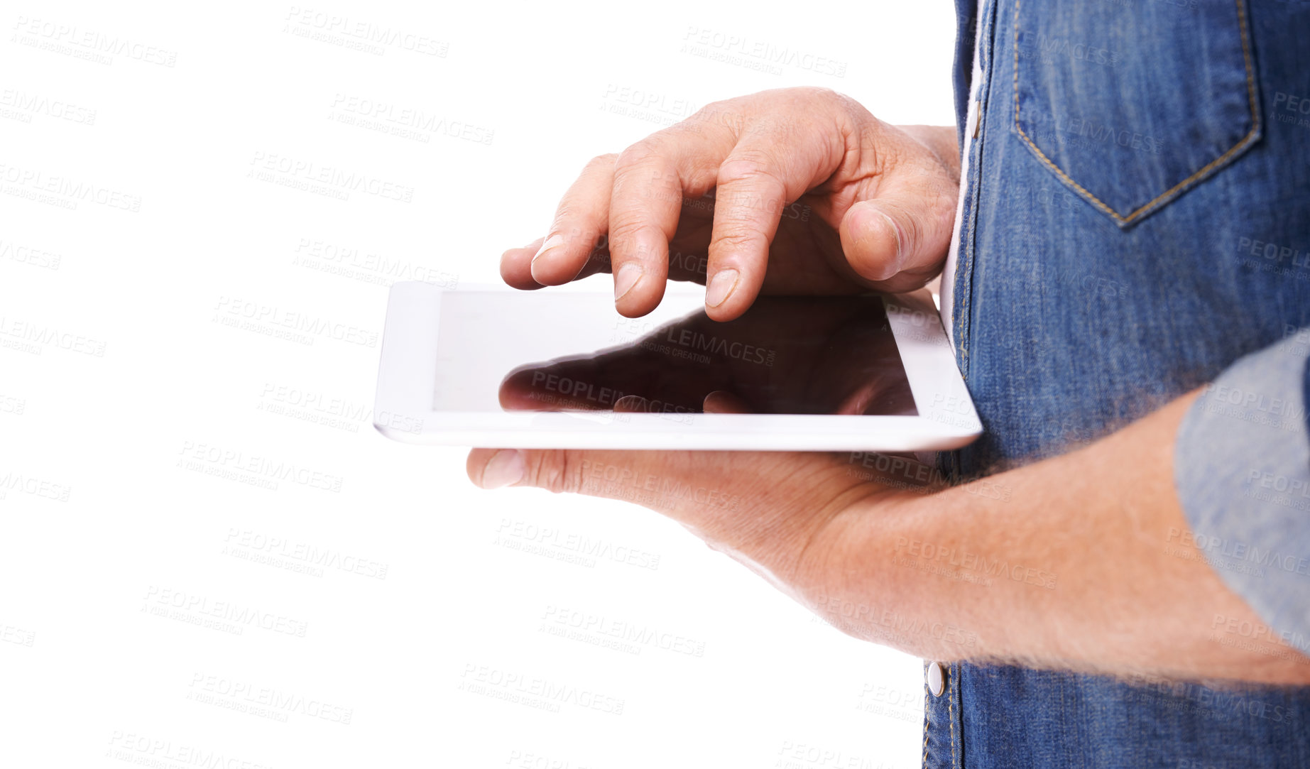 Buy stock photo Cropped image of a man holding a digital tablet isolated on white