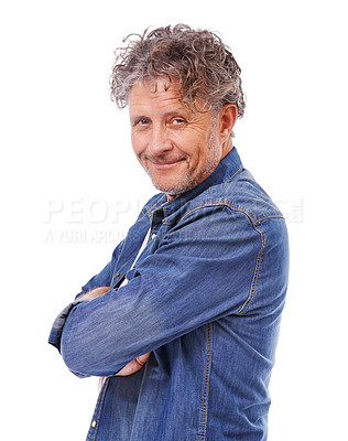 Buy stock photo Portrait, confidence and smile of mature man in studio isolated on a white background. Face, fashion or person with arms crossed in casual clothes or denim jacket for pride on a backdrop in Australia
