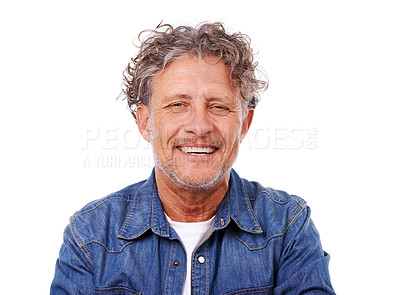 Buy stock photo Studio portrait of a happy mature man wearing a denim shirt while isolated on white