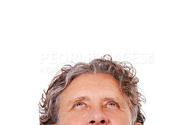 Buy stock photo Looking up, closeup and mature man with thinking, ideas and promotion isolated on white studio background. Senior person, half and mockup space with model and question with decision, option or choice