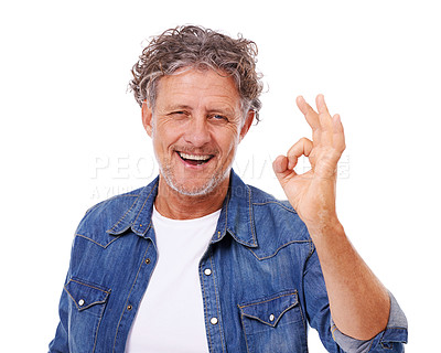 Buy stock photo Senior man, portrait and OK hand gesture, feedback or opinion with success, like emoji and agreement on white background. Yes, vote and review with smile, choice or decision for motivation in studio