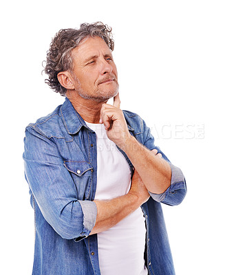 Buy stock photo Senior man, thinking and problem solving for solution with questions, brainstorming and ideas on white background. Strategy, vision with reflection or memory for inspiration, insight and knowledge