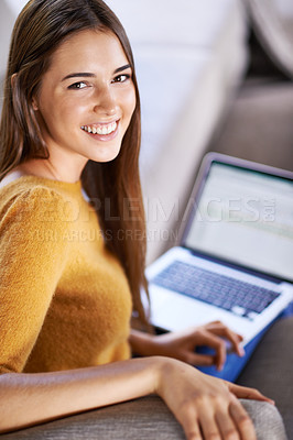 Buy stock photo Woman, portrait and relax on sofa with laptop for internet browsing or remote or freelance work, online course and website. Female person, digital technology and couch to lounge with connectivity.