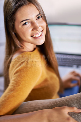 Buy stock photo Woman, portrait and relax on couch with laptop for internet browsing or freelance work, online course and website. Female person, digital technology and sofa to lounge with connectivity and peaceful.