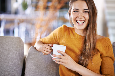 Buy stock photo Woman, coffee and portrait on couch in home, peace and relax on weekend in apartment. Female person, happy and drinking tea or latte for self care, hot chocolate and resting on morning sofa in lounge