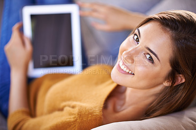 Buy stock photo Woman, portrait and relax on sofa with tablet for internet browsing or social media, online shopping and website. Female person, digital technology and couch to lounge with connectivity and peaceful.