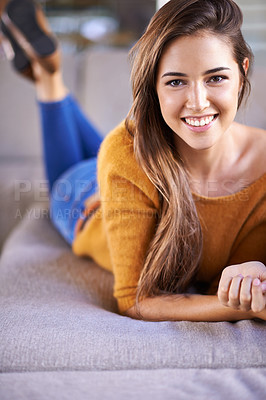 Buy stock photo Woman, portrait and relax on sofa in home for weekend break, rest or calm for stress relief and wellness. Female person, couch and comfortable with happiness for leisure or lounge, peace and mindset.