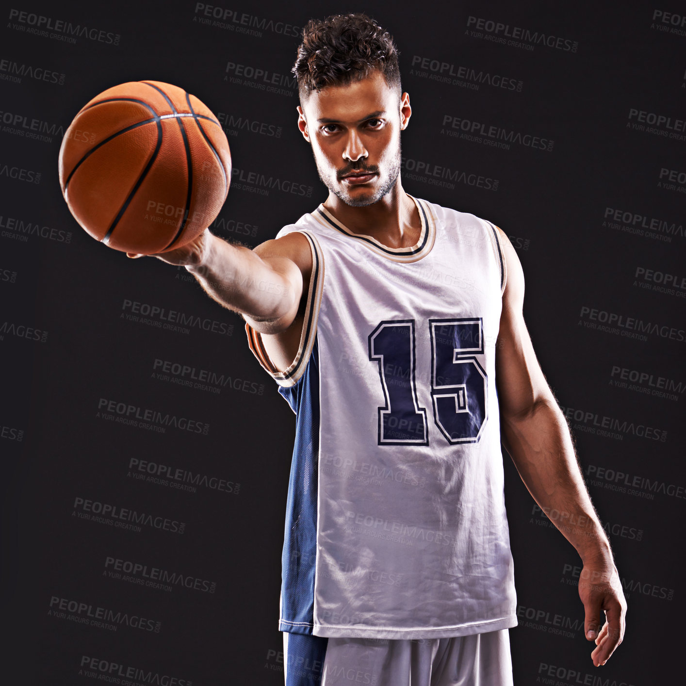 Buy stock photo Man, portrait and basketball player in studio for sport, competition and training on black background. Professional athlete, career and exercise with ball for game, hobby and healthy model in fitness