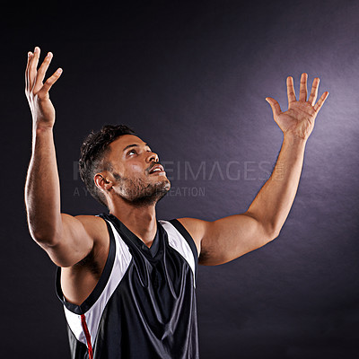 Buy stock photo Basketball player, fitness or thinking of what, question or prayer as solution, idea of workout. Man, vision or planning to ask, remember or hope of miracle, dream or performance in practice or game