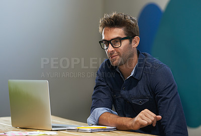 Buy stock photo Glasses, creative and man at laptop thinking for ideas, research and reading email in office. Brainstorming, computer and designer at desk with professional career, business plan and startup website