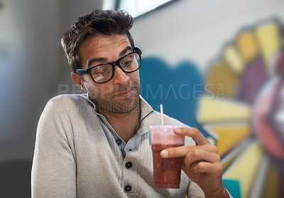 Buy stock photo Choice, drink and smoothie for man, breakfast and healthy for diet of strawberry, fruit and show of beverage. Male person, guy and adult relax with blended cocktail for energy, wellness and nutrition