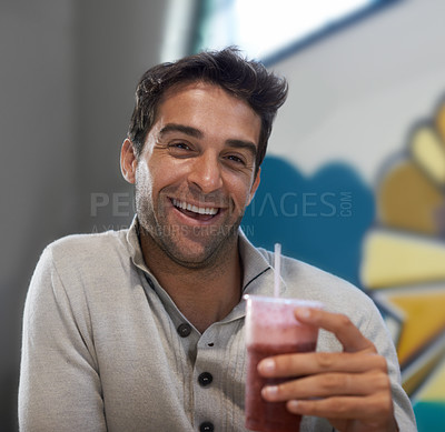 Buy stock photo Portrait, drink and smoothie for man with smile for healthy diet of strawberry, fruit and show of beverage. Male person, guy and adult relax with blended cocktail for energy, wellness and nutrition