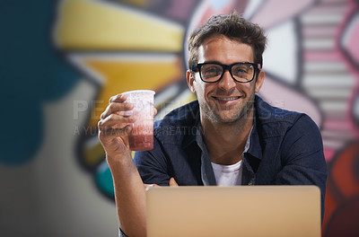 Buy stock photo Portrait, drink or man on laptop for research, information and email for blog, article and copywriting in a startup. Journalist, freelancer or creative writer on break in modern office with smoothie