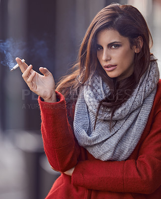 Buy stock photo Portrait, winter and woman with a cigarette, outdoor and cold weather with a bad habit in New York city. Face, person and girl smoking, fashion and casual outfit with season and tobacco with style