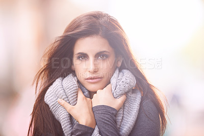 Buy stock photo Portrait, outdoor and winter with woman, fashion and happy in the street and urban town. Face, New York and girl with casual outfit and cold with person and warm clothes with scarf, peace and walking