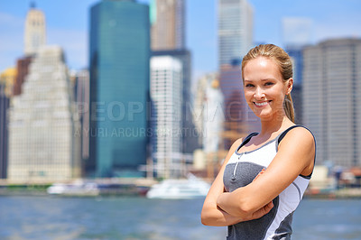 Buy stock photo Woman, portrait and confident in city for exercise morning routine, wellness and fitness for active cardio. Female person, happy and runner or athlete for sports hobby or training workout in New York