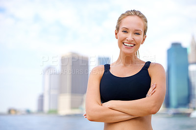 Buy stock photo Exercise, portrait and woman with arms crossed for wellness, morning workout or running competition in city. Happy, fitness and face of female person for cardio, energy and confidence in New York