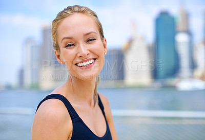 Buy stock photo Woman, workout and portrait by river in city for morning routine, wellness and exercise for active cardio. Female person, happy and fitness runner or athlete for sports hobby or training in New York.