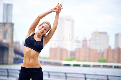 Buy stock photo Woman, stretching and portrait for wellness in city, active and fit female person exercise in New York. Energy, runner for sports training or workout with athlete, endurance and flexibility in summer