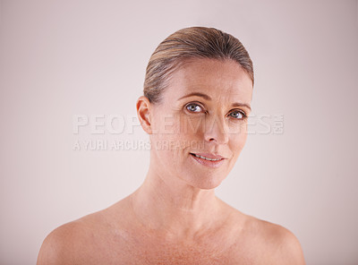 Buy stock photo Mature woman, portrait or anti age skincare, natural or beauty for facial treatment dermatology, makeup or cosmetics. Healthy skin, female model and senior lady with wrinkles and confidence on mockup