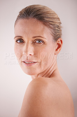 Buy stock photo Woman, mature and studio with skincare, portrait and cosmetic with treatment. Model, beauty and luxury with body, cosmetics and care for anti ageing and healthy skin with wellness and confidence