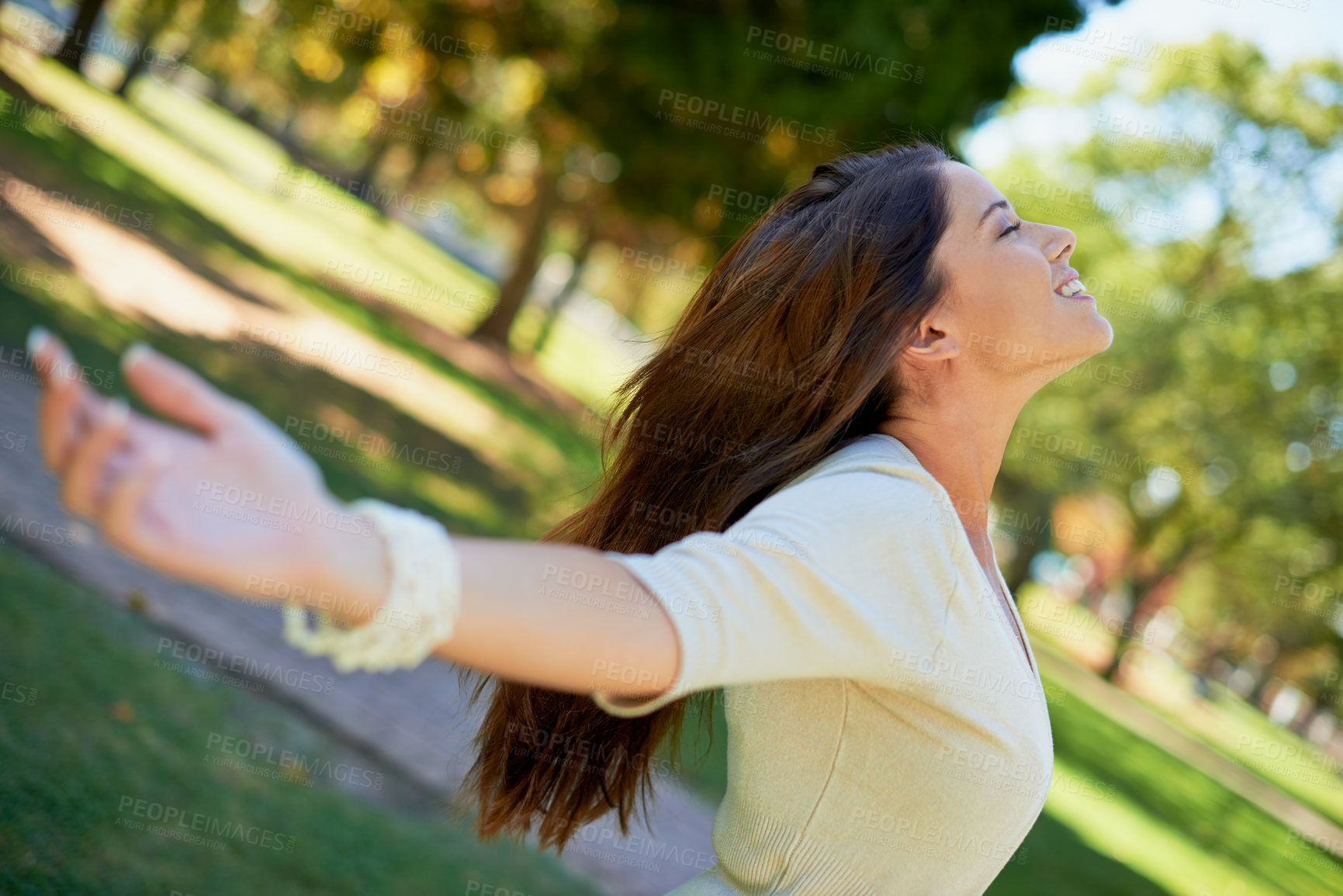 Buy stock photo Woman, relax and peace with freedom in park on holiday or vacation in nature of forest or woods. Girl, stretching and breathing with zen energy from gratitude for trees, summer and environment