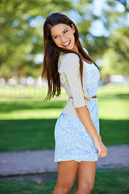 Buy stock photo Woman, smile or thinking of spring, fashion or designer boutique couture as trendy outfit in garden. Happy, girl or planning as vision, idea or memory of stylish, casual or clothing to relax or fun
