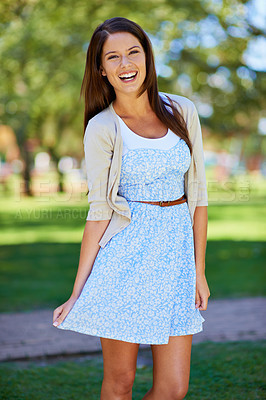 Buy stock photo Portrait, woman or playful in spring, fashion or stylish as casual, outfit or fresh air to relax. Happy, girl or trendy clothing in park on sunny day in boutique designer couture as leisure wear