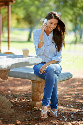 Buy stock photo Woman, cellphone and phone call with smile, garden and nature with summer communication. Student, conversation and discussion with happiness, sunshine and rest with technology for speaking to people