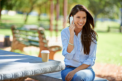 Buy stock photo Woman, cellphone and call with smile, park and nature with summer communication. Student, conversation and discussion with happiness, sunshine and freedom with technology for speaking to people