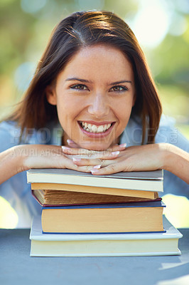 Buy stock photo Portrait, happy woman or books at university campus for studying, learning or assignment research. Face, smile or gen z female student outdoor with notebook for college, education or reading homework