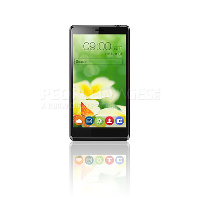 Buy stock photo Phone screen, technology and ui of cellphone in studio isolated on a white background mockup space. Smartphone, mobile and display of digital software and app icons with search bar on reflection