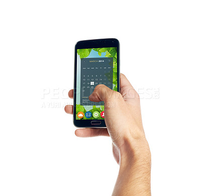 Buy stock photo Phone, screen and hand with calendar on mobile in studio isolated on a white background mockup space. Smartphone, agenda and closeup of display on digital software for planning on ui of app icons