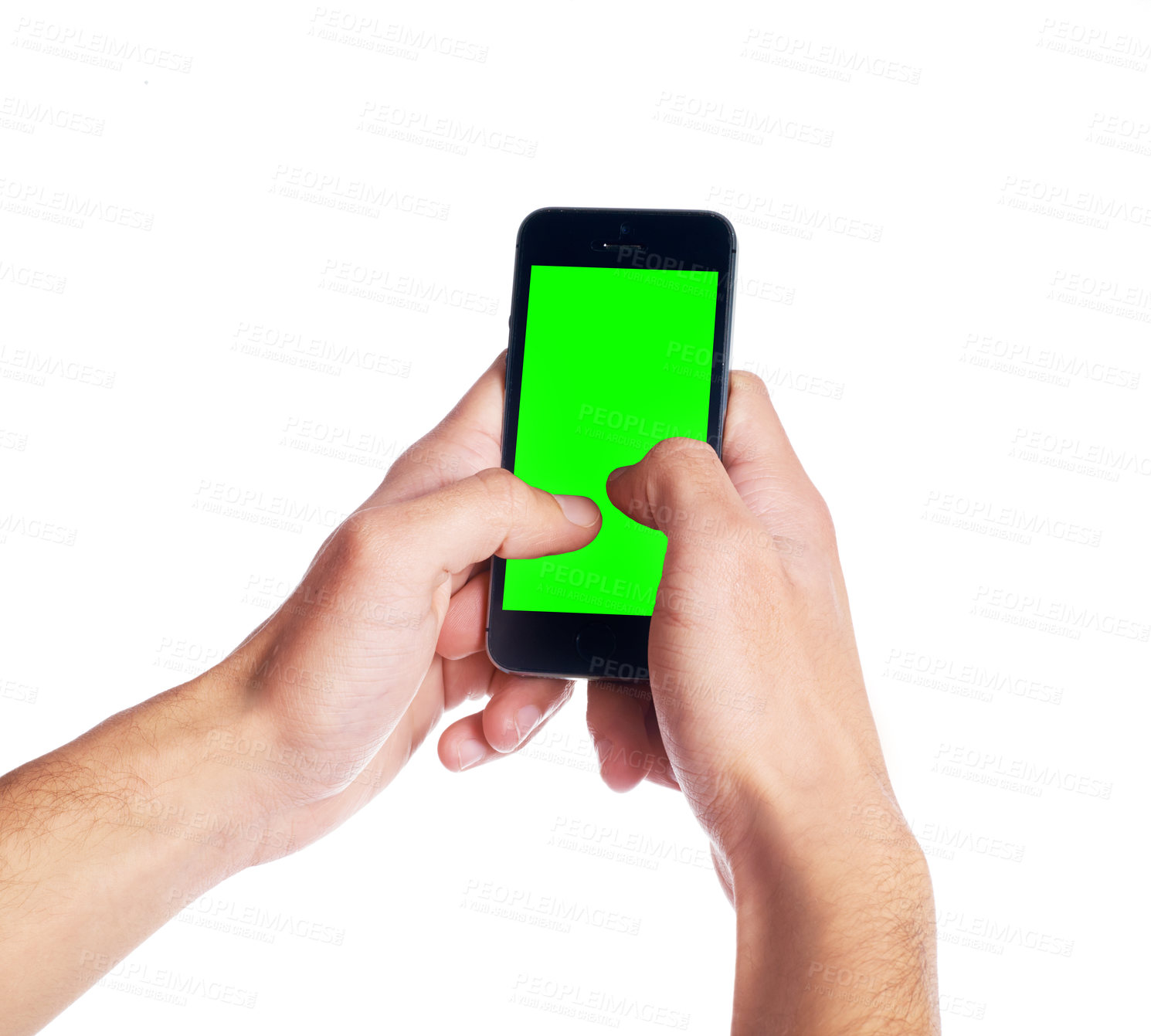 Buy stock photo Hands, phone or green screen in studio with mockup for social media, search or internet communication on white background. Smartphone, space or person show google it sign up, app or online download