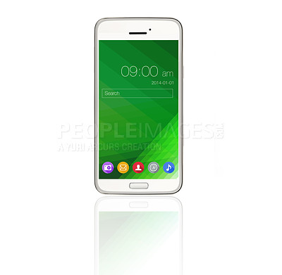 Buy stock photo Smartphone screen, technology and ui on mobile in studio isolated on white background mockup. Phone, cellphone and display of electronics, software or search bar app icons with time on reflection