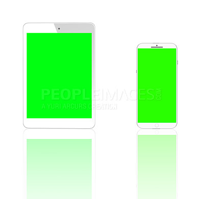 Buy stock photo Tablet, studio and greenscreen with cellphone, mockup and data with mobile interface. High tech, logo and screen for space, connectivity and futuristic social electronics isolated on white background