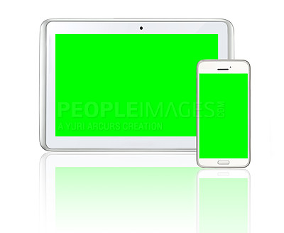 Buy stock photo Tablet, studio and greenscreen with smartphone, mockup and data for mobile interface. High tech, logo and screen for space, connectivity and futuristic social electronics isolated on white background