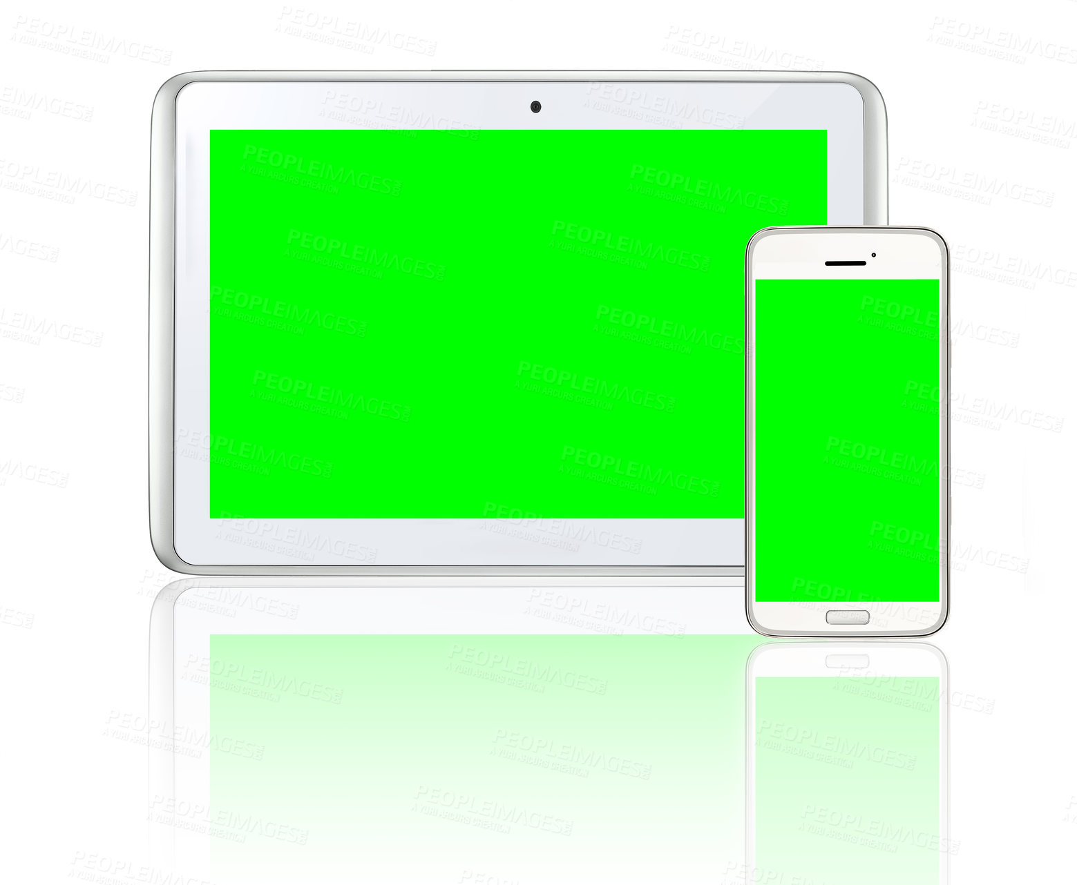 Buy stock photo Tablet, studio and greenscreen with smartphone, mockup and data for mobile interface. High tech, logo and screen for space, connectivity and futuristic social electronics isolated on white background