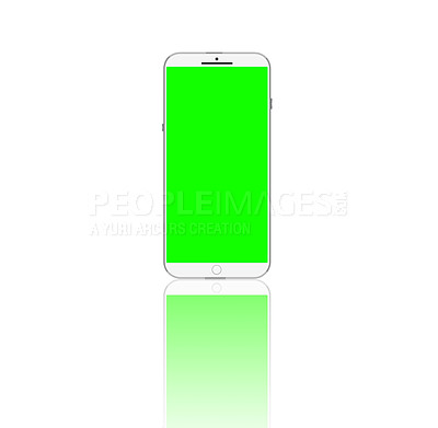 Buy stock photo Smartphone, green screen and mockup in studio for advertising space, display or promotion on white background. Technology, chroma key and mobile phone for announcement, digital branding or marketing