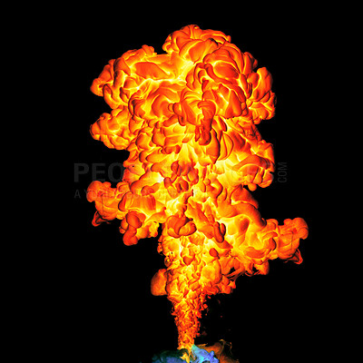 Buy stock photo Flame, fire and explosion of heat and light, dark and abstract with black background. Hot, glow and red for danger or blaze of burn, inferno and fiery and smoke from closeup of natural element 