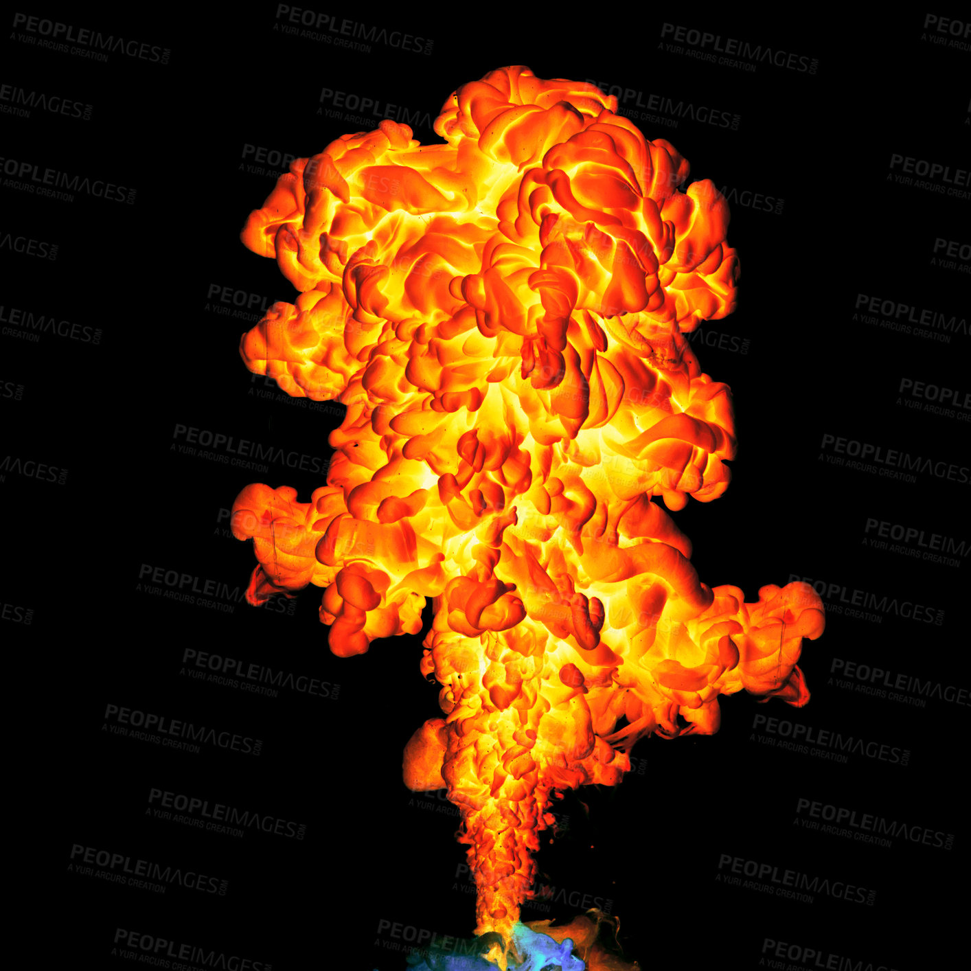 Buy stock photo Flame, fire and explosion of heat and light, dark and abstract with black background. Hot, glow and red for danger or blaze of burn, inferno and fiery and smoke from closeup of natural element 