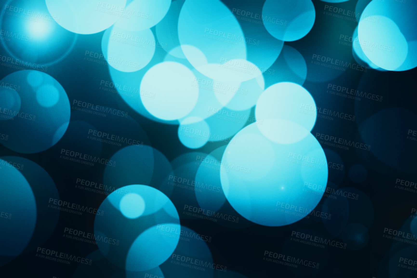 Buy stock photo Bokeh, circle and blue sparkle wallpaper with lights for abstract pattern, design or texture of a background. Lens flare of color, lighting or blur bubbles of element, glitter or effect at night