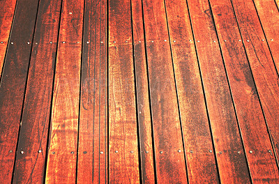 Buy stock photo Texture, empty and closeup of wooden floor at house in room for vintage interior design. Luxury, retro and zoom of brown natural timber ground with classic textile in modern home or apartment.