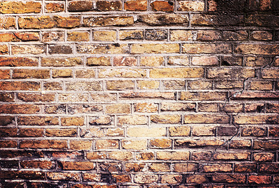 Buy stock photo Closeup, brick wall and texture with structure, architecture and pattern with building. Empty, cement and light with stone and color with solid and exterior with design and concrete with wallpaper